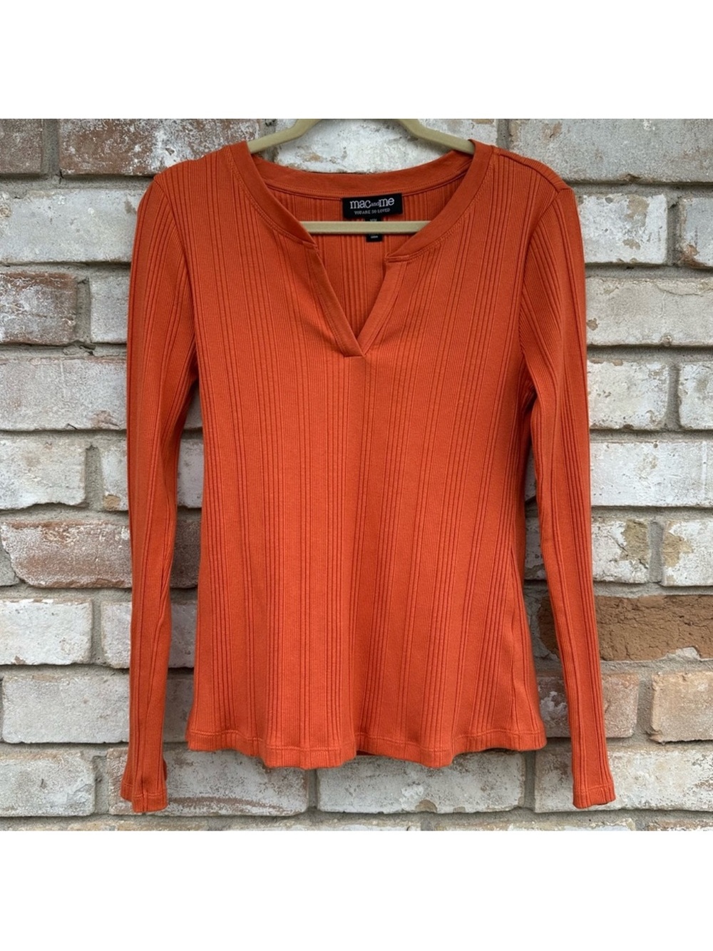 MAC+MEE Ribbed Long Sleeve Notch-Neck Top - Orange
